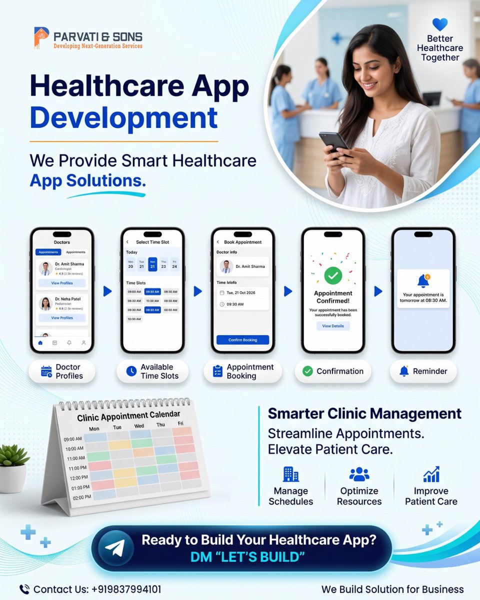 AndParvati's tweet photo. 🏥 Transform Healthcare with Smart Apps! 📱

Parvati and Sons builds innovative healthcare apps for better patient care and seamless services. 🚀

📩 Let’s build the future of healthcare!

#HealthcareAppDevelopment #HealthTech #ParvatiAndSons https://t.co/2zl01PjJAu