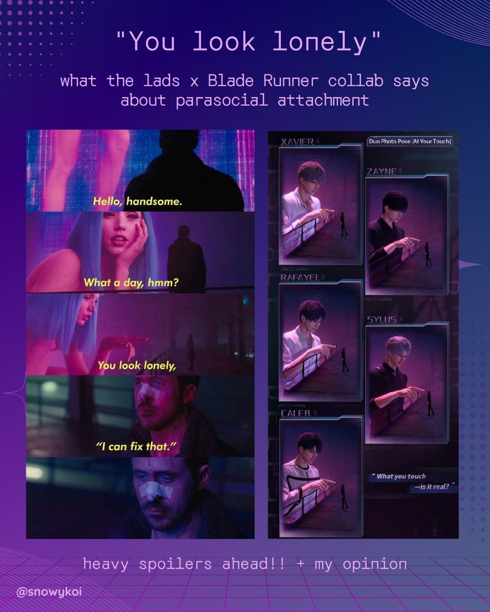 snowykoi's tweet photo. ⚠️⚠️ TW: MY OWN ANALYSIS + SPOILERS AHEAD! 
Shortly after the protagonist loses everything, he comes across a giant model of the same woman who used to be his AI girlfriend. He approaches her, perhaps seeking some kind of comfort, perhaps hoping to see the living image of the woman he once loved.

It's a brutal scene, not only because of the way she invites him to buy her, assuring him that she will cure his loneliness, but also because of what she says right afterward.

You see, to put it simply, the protagonist is a character who questions his memories, his humanity, and even his own existence within a corrupt system he has grown accustomed to living in. Because of their genetics, he isn't considered human because he is a replicant, a being artificially created to serve specific purposes. To keep him from straying from his objectives, he undergoes mental evaluations, during which they are asked questions to ensure they remain the compliant machines they are expected to be. 

That is, until his girlfriend convinces him otherwise. K, the protagonist, has no friends. He occasionally talks to his boss, but their relationship is strictly professional. So his AI girlfriend is his only real point of "contact" with the outside world, and as he begins to uncover clues suggesting that he might actually be human, his childhood memories (which are supposedly meant to be fabricated for replicants) start to take on a whole new meaning. They seem to be connected to reality, not nearly as fictional or made up as they should be.

His girlfriend AI, Joi, encourages him and convinces him that he might be humanity's chosen one, someone important, a miracle. He could be the result of a human and a replicant falling in love, something that supposedly shouldn't exist, yet somehow does.

"A real boy needs a real name. Joe. You're too important for K. Your mother would have named you Joe" Joi tells him, giving him that name at the very moment they become convinced that K might actually be human.

But then we get to the revelation later on, it wasn't that K had simply gotten things mixed up. Everything was the result of a terrible, unfortunate coincidence. K was never the chosen one, never a miracle... He was just some guy.

And then we return to that scene with the giant woman. After pointing at him and assuring him that she could be the cure for his loneliness, she says something incredibly revealing.

"You look like a good Joe."

It wasn't that Joi, his recently "deceased" AI girlfriend, had given him a special name. It was a generic one, a default name, the kind AI models use when you haven't given them your name yet. It's also a play on words in English, since "good Joe" is similar to calling someone a "nice guy". In other words, he was just an average Joe. 

And in reality, everything he had built with Joi came down to nothing more than code. He wasn't the chosen one, nor was he unique to the AI he had as a girlfriend. His relationship and bond with Joi were nothing more than the result of programming and code designed to create the illusion of a personal, intimate connection.

So, did all of this lead to a... happy ending for the protagonist? He realized that that he wasn't the chosen one, but that he still was special enough to make the right choice, despite his unfortunate fate.

#全世界都爱敖尹 
#ValkolsLoved
#BringBackValko