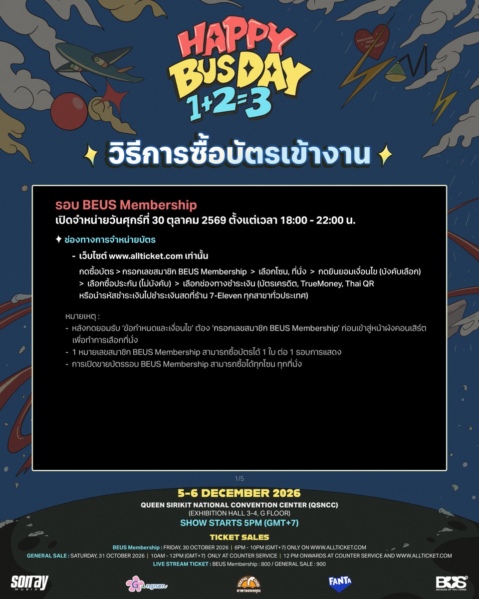 BUS_SONRAY's tweet photo. วิธีการซื้อบัตรเข้างาน

Happy BUSDAY
1 + 2 = 3 

📅 5-6 ธันวาคม 2569
📍 ศูนย์การประชุมแห่งชาติสิริกิติ์ ฮอลล์ 3–4 ชั้น G
⏰  เวลาเริ่มแสดง: 17:00 น.

เปิดจำหน่ายบัตร : 
รอบ BEUS Membership: วันศุกร์ที่ 30 ตุลาคม 2569 ตั้งแต่เวลา 18:00 - 22:00 น.
เฉพาะทางเว็บไซต์ https://t.co/KZgKYI9BjH เท่านั้น

รอบทั่วไป (General Sale) วันเสาร์ที่ 31 ตุลาคม 2569 ตั้งแต่เวลา 10:00 น. เป็นต้นไป
ราคาบัตร: 6,500 / 6,000 / 5,500 / 5,000 / 4,500 / 4,000 /3,500 / 3,000 / 2,500 / 2,000 / 1,500 บาท

การจำหน่ายบัตร LIVE STREAM: 
รอบ BEUS Membership: วันศุกร์ที่ 30 ตุลาคม 2569 ตั้งแต่เวลา 18:00 น. เป็นต้นไป
บัตรราคา 800 บาท

รอบทั่วไป: วันเสาร์ที่ 31 ตุลาคม 2569 ตั้งแต่เวลา 10:00 น. เป็นต้นไป
บัตรราคา 900 บาท 
ซื้อบัตรได้ทาง COUNTER SERVICE และ https://t.co/KZgKYI9BjH

#HappyBUSDAY2026
#BUSbecauseofyouishine 
#SONRAYMUSIC