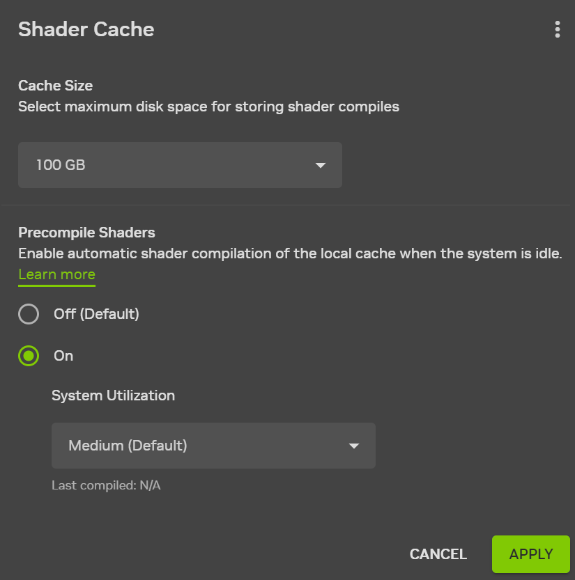 RadiantOpti's tweet photo. NVIDIA users, this setting can help reduce shader stutter after driver updates. it’s off by default.

It’s called Auto Shader Compilation.

It rebuilds previously generated DX12 shaders before you play, which can mean less shader compilation interrupting your game.

Open NVIDIA App, then Graphics, Global Settings and Shader Cache.

under Precompile Shaders, select On, open the three dot menu and select compile Now. let it finish before launching your game.

It’s a beta feature. new installs still need their first in game shader compilation, and this won’t fix every cause of stutter.

was this already enabled on your PC?