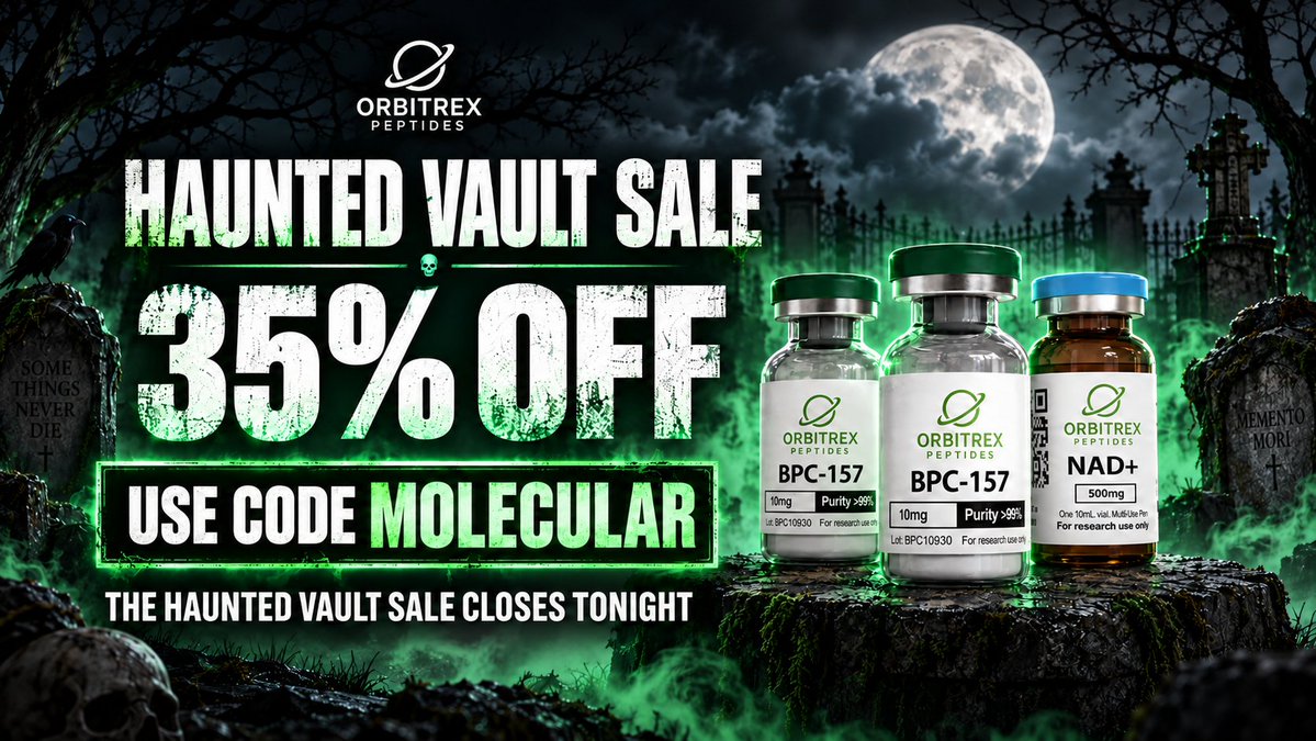 theshiaprotocol's tweet photo. 👻 Only a FEW HOURS LEFT! Orbitrex’s Haunted Vault Sale closes TONIGHT! 🔒

Save 35% OFF with code MOLECULAR before the vault shuts. 🎃
🔗 https://t.co/bBJgg46Y2d

#Orbitrex #Peptides #weightloss #biohacking https://t.co/Ccl5q8CGyo
