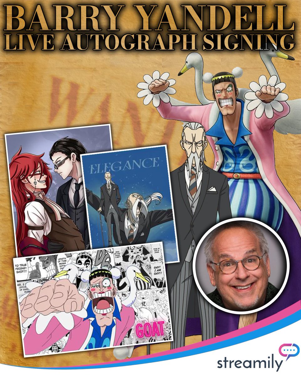 StreamilyLive's tweet photo. 🌸🏴‍☠️ BON CLAY FROM ONE PIECE IS SIGNING AUTOGRAPHS!

OKAMA WAY! 💃 Barry Yandell, the English voice of Bon Clay (Mr. 2) in One Piece, has a collection of Bon Clay autographs available in his Streamily shop!

From his unforgettable friendship with Luffy to his iconic personality, Bon-chan has earned a special place in the hearts of One Piece fans. ❤️

Choose your favorite Bon Clay artwork and have it personally signed by Barry off-camera!

👉 https://t.co/IXX0XsGnTn

#OnePiece #BonClay #Mr2BonClay #BarryYandell #Streamily