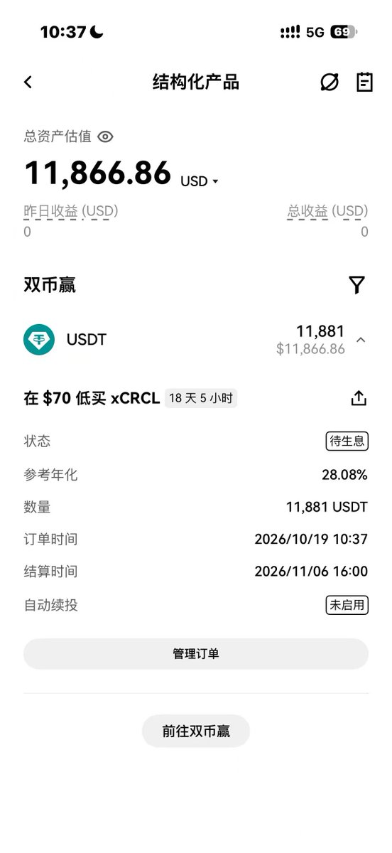 SJTULivermore's tweet photo. 挂了个 $70 接 Circle 的单子 🎣
跌到 70 就按计划上车，不跌就白拿 18 天利息，年化 28%。
反正本来就想在这个价买，等它来找我。 @binancezh 啥时候能出bstock双币 现在只能在okx买了 #CRCL #Circle #双币赢 #稳定币理财 #期权 https://t.co/D1xnktL0UY
