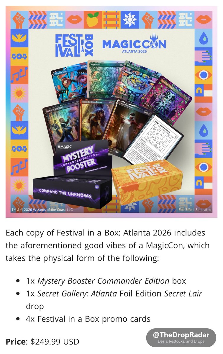 thedropradar's tweet photo. Festival in a Box: Atlanta 2026 lands at Secret Lair ⚡

October 19 at 12PM EST for $249.99. Limit 2 per customer, while supplies last.

Includes a Mystery Booster Commander Edition box.

https://t.co/4SoAL5ea2i

#MagicTheGathering #SecretLair #MTG #ad https://t.co/a9Whd9aA8o