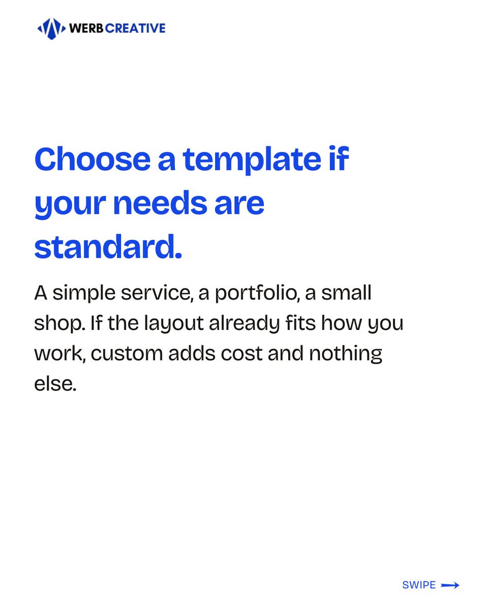 werbcreative's tweet photo. Template or custom website?

Template: you need to launch fast, or your needs are standard.

Custom: how you sell is unusual, or the website is the business.

Never choose by what looks impressive.
Pick for your situation, not your pride. https://t.co/OkNHivylxM