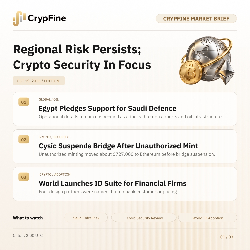 CrypFineOffical's tweet photo. CrypFine Market Brief 🔎

$BTC, $ETH and $SOL posted modest 24-hour gains at the October 19, 02:00 UTC snapshot, following Friday's Nasdaq 100 selloff. Gold futures and WTI had also risen on Friday.

Market drivers:
• Friday's technology selloff weighed on the Nasdaq 100 as volatility rose.
• WTI above $100 kept energy-driven inflation concerns in focus.
• Modest crypto gains were not enough to confirm a broader market recovery.

Swipe for more details →
