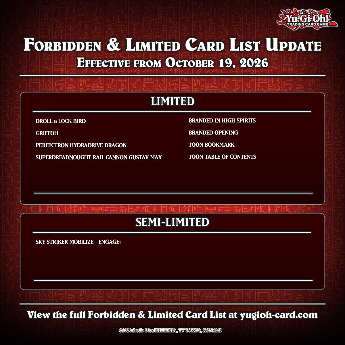 YuGiOhCardEU's tweet photo. ⚠️ Attention Duelists! ⚠️ 
Here are the upcoming updates to the #YuGiOhTCG Advanced Forbidden &amp; Limited List, effective October 19, 2026. https://t.co/U2gTqhXk7y