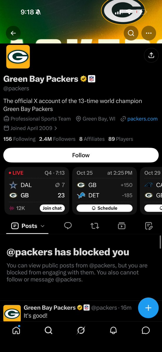 NiggaBoNix's tweet photo. The Green Bay Packers really blocked me for this tweet lol https://t.co/1fzoReHAjN