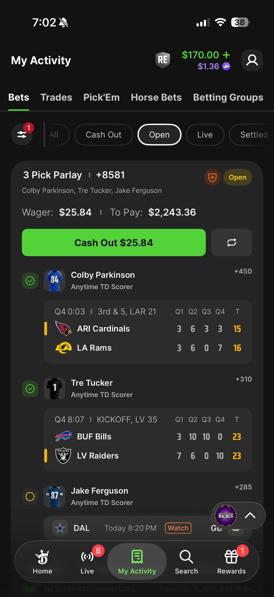 Fiveballlll's tweet photo. I don’t understand how I didn’t have a cashout and the highest odds cleared before the sunday night game @ 8:20 
@DKSports https://t.co/nx5iGAA6N1