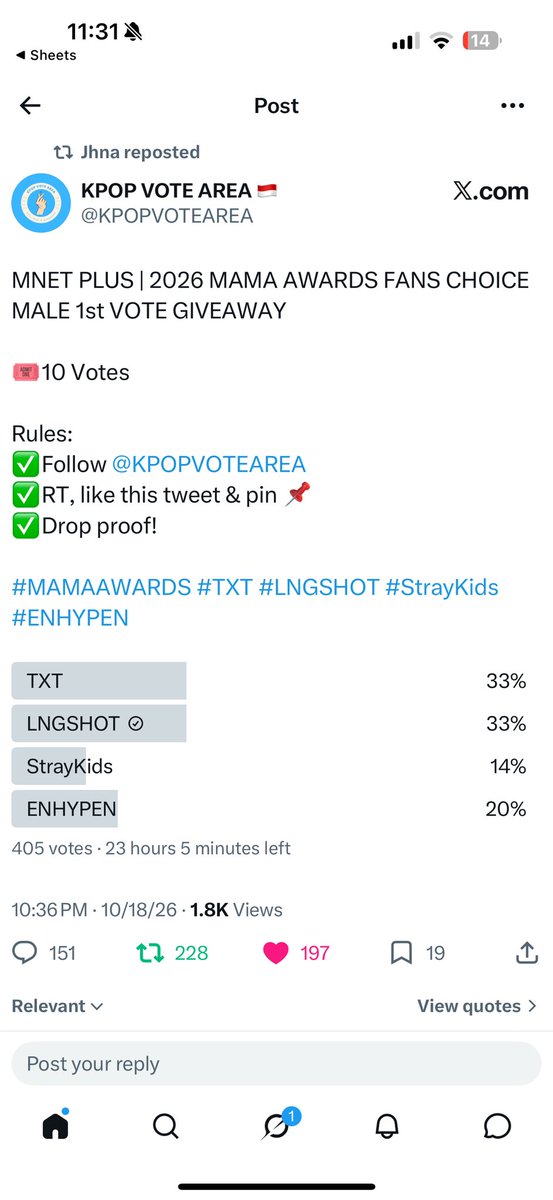 annadeshotty's tweet photo. @KPOPVOTEAREA @Jhnaoh Done nhé https://t.co/rsEQSoN3iE