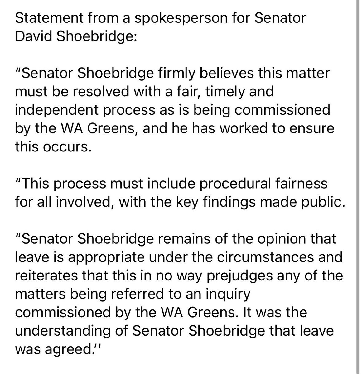 JoshButler's tweet photo. New statement from David Shoebridge's office, re Jordon Steele-John:

Shoebridge says he believes Steele-John taking leave is "appropriate" and he believed "leave was agreed" - in contrast to JSJ's statement overnight that "I am not on leave" https://t.co/8G1vsQxz7K