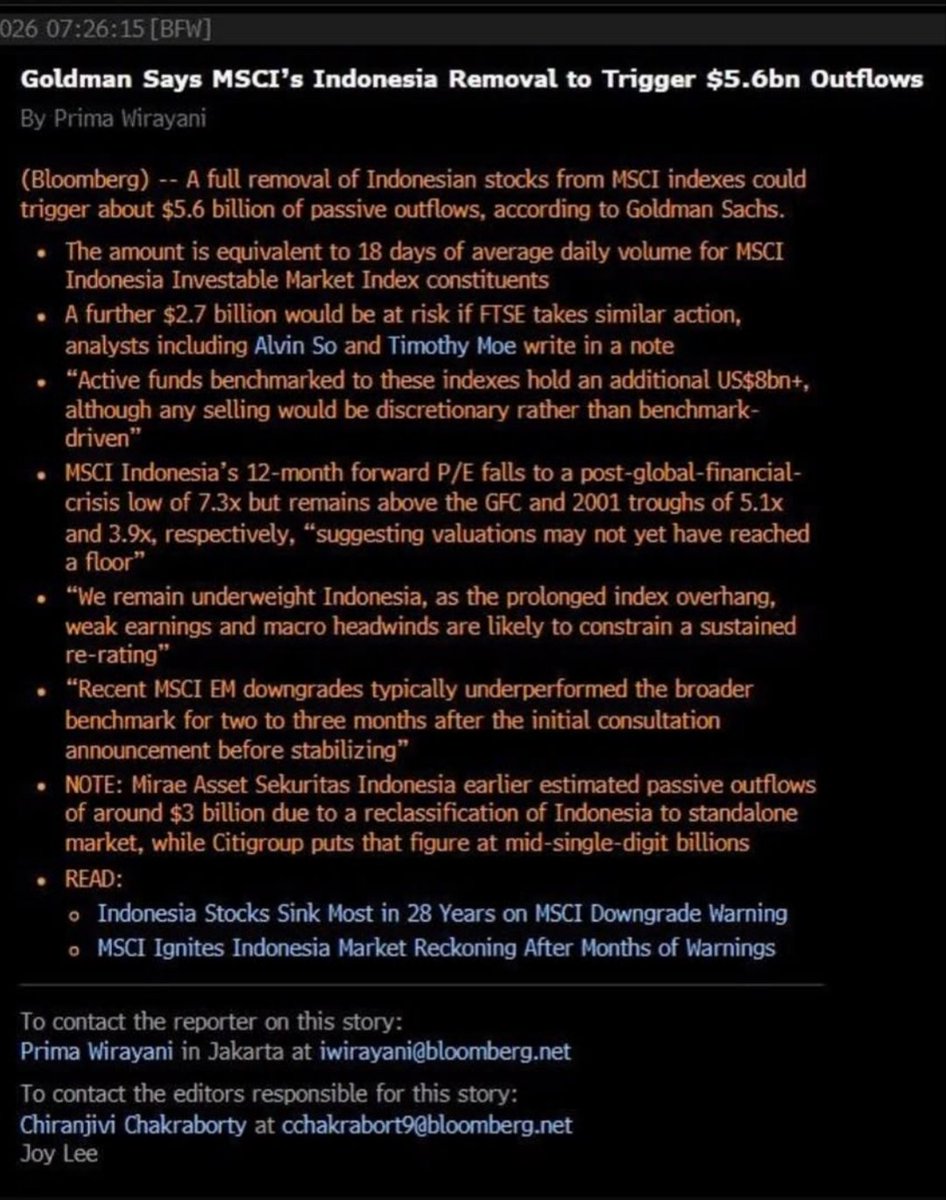 jericho_Go's tweet photo. What if Indonesia's IHSG gets reclassified as a "Stand Alone Market"?

Potential outflows:
• MSCI: ~USD 5.6B (~IDR 101T)
• FTSE: ~USD 2.7B (~IDR 49T)
• Active funds following: ~USD 8B (~IDR 144T)
• Worst case: up to ~IDR 294T

Wallawe, we are finished 💩 https://t.co/aRqdVMcRc4
