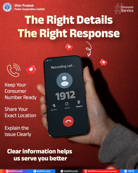 puvvnlbhadohi's tweet photo. When calling 1912, sharing accurate details helps our team understand your concern and take the appropriate action efficiently. #UPPCL #1912 #ConsumerCare #QuickSupport #PowerServices
@CMOfficeUP
@EMofficeUP
@aksharmaBharat
@mduppcl https://t.co/OtnZg3Q8nM