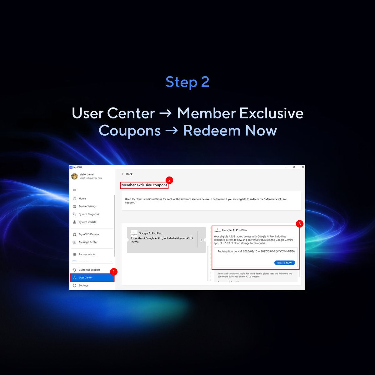ASUSph's tweet photo. Ready to claim your Google AI plan? Here's the full walkthrough

​1️⃣ Open MyASUS and sign in with your ASUS ID
2️⃣ User Center → Member Exclusive Coupons → Redeem Now
3️⃣ Sign in with your Google Account
4️⃣ Add a payment method and tap Subscribe — your 3 months start right away https://t.co/8E6Gwe3tKk