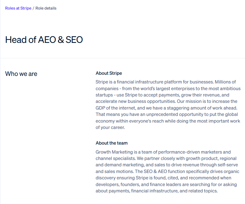 denohawari's tweet photo. Stripe is hiring a Head of AEO and SEO

2 years ago this would just have been a single line in an SEO job

now a company processing $1 trillion in payments has publicly decided AI search needs its own team

over the next few years, your competitors will make this hire next and outspend you on it

but right now most founders couldn't even tell you what AEO is

most of what that team will do, you can do with 2 people:

- a comparison page for every real competitor
- your pricing on your site, not "contact us"
- real answers in the Reddit threads ChatGPT pulls from
- getting into the "best X for Y" lists other people write

do it before your biggest competitor's Head of AEO shows up