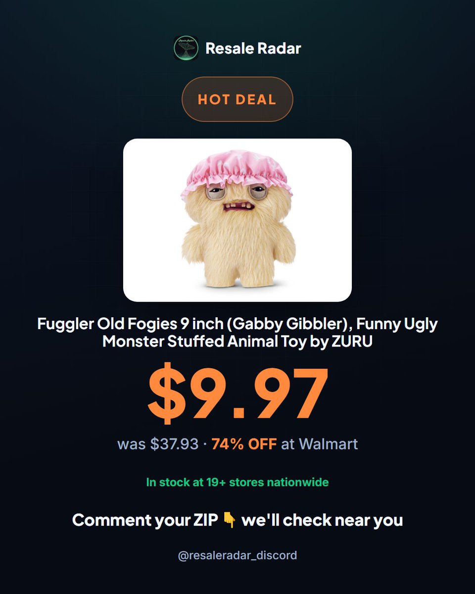 ResaleRadar8's tweet photo. $9.97 Fuggler Old Fogies plush at Walmart (was $37.93). 74% off. Grab it before stock clears. Link in bio. #WalmartClearance

Find it today. Link in bio. #clearance #deals https://t.co/LAbJERS0JO