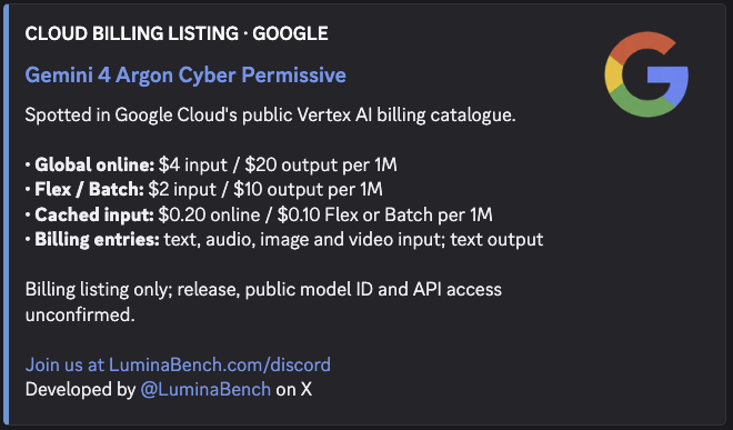 LuminaBench's tweet photo. 🚨 Gemini 4 Argon is now showing up in Google Cloud

Once models appear here, launch is normally the same day unless something changes https://t.co/w6WOmWc5u3