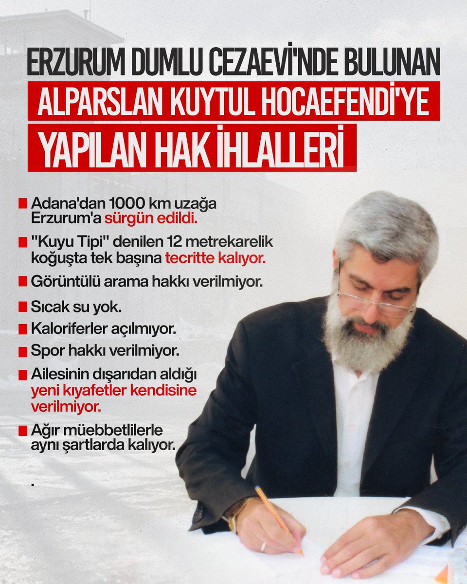 Mehmetcv4's tweet photo. ERZURUM DUMLU CEZAEVİ'NDE BULUNAN ALPARSLAN KUYTUL HOCAEFENDİ'YE YAPILAN HAK İHLALLERİ

• Sıcak su yok.
• Kaloriferler açılmıyor...

AlparslanHocam Uşüyor
Erzurum1Nolu IşkenceEvi
MazlumunAhı IndirirSahı
#GönüllerBirOlsun https://t.co/jpJMnpIQRa