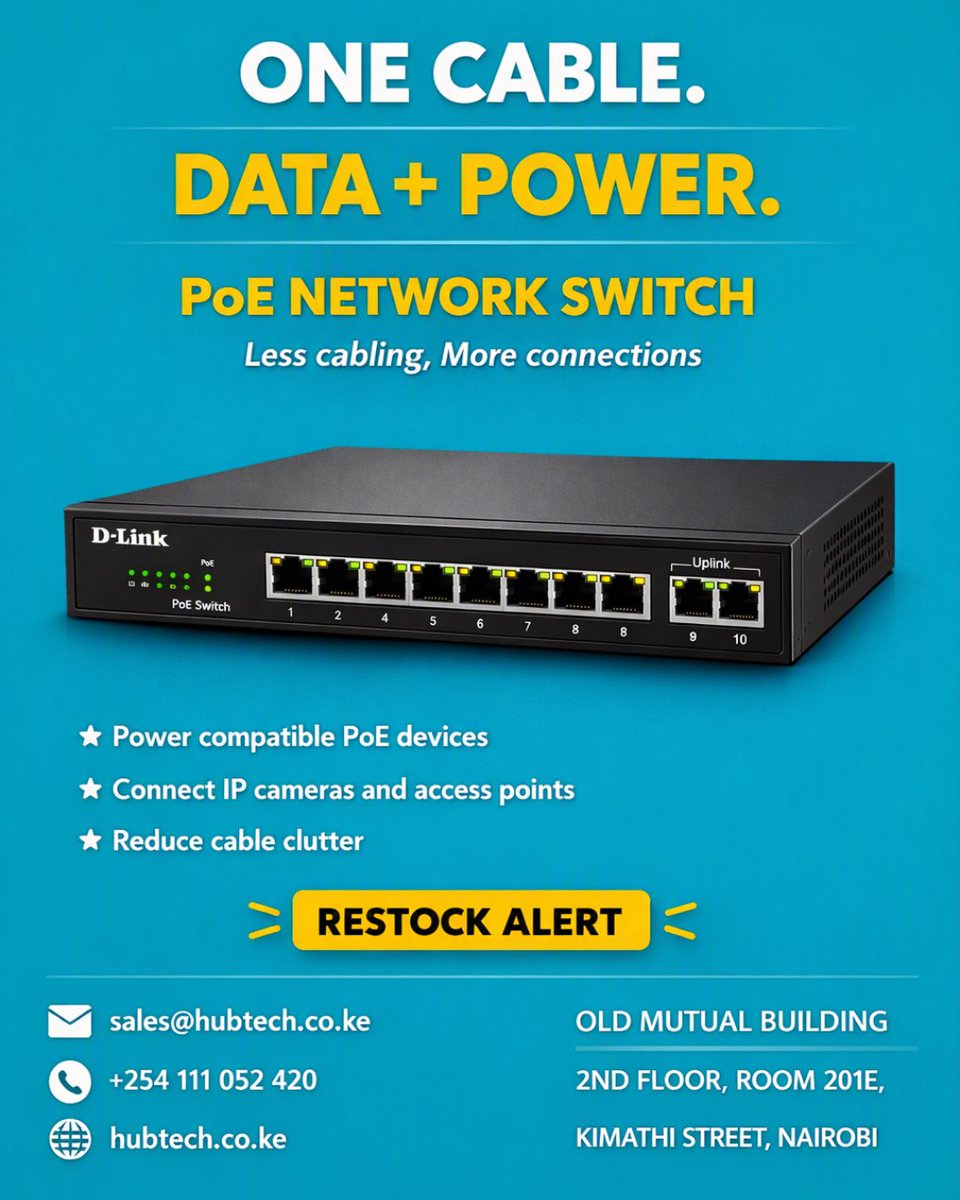 HubtechS's tweet photo. ONE CABLE. POWER + DATA. THAT SIMPLE. 🔌

Less cabling. Cleaner installations. Simpler networking.
https://t.co/rFQ4iVXo7Z
📞 0142042547
📧 sales@hubtech.co.ke
#PoESwitch #Networking #HubtechLimited https://t.co/H8hMyNiu10