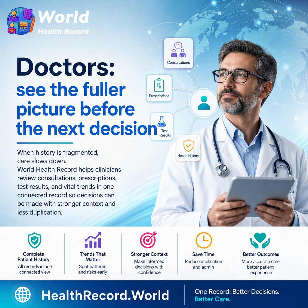 WldHealthRecord's tweet photo. Doctors: see the fuller picture before the next decision

When history is fragmented, care slows down. World Health Record helps clinicians review consultations, prescriptions, test results, and vital trends in one connected record so decisions can be made with stronger context and less duplication. https://t.co/TdewFvUNYP