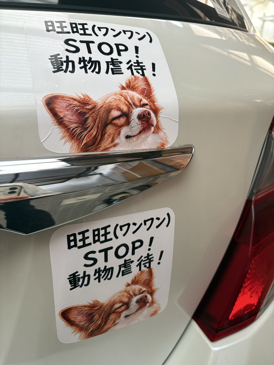 slainslainslain's tweet photo. 車の後ろに『ワンワンちゃんの巨大シール』を2枚貼って走ります🚗🚗🚗！
1人でも多くの方の目に止まりますように…🐕✨！
#justiceforwangwang
#旺旺の名前を叫び続ける 
#旺旺の受けた地獄の苦しみを彼らに 
#中国に虐待防止法の制定を 
#anonymous https://t.co/gg3VouxfD3