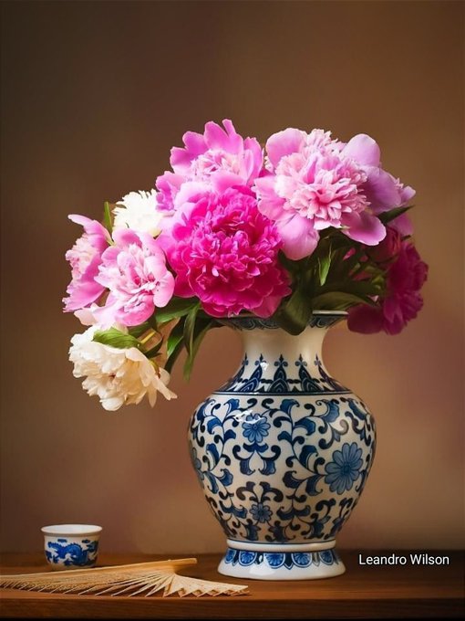 A still life showing pink and white peonies arranged in a blue and white floral patterned ceramic vase, with the name 'Leandro Wilson' visible in the bottom right corner.