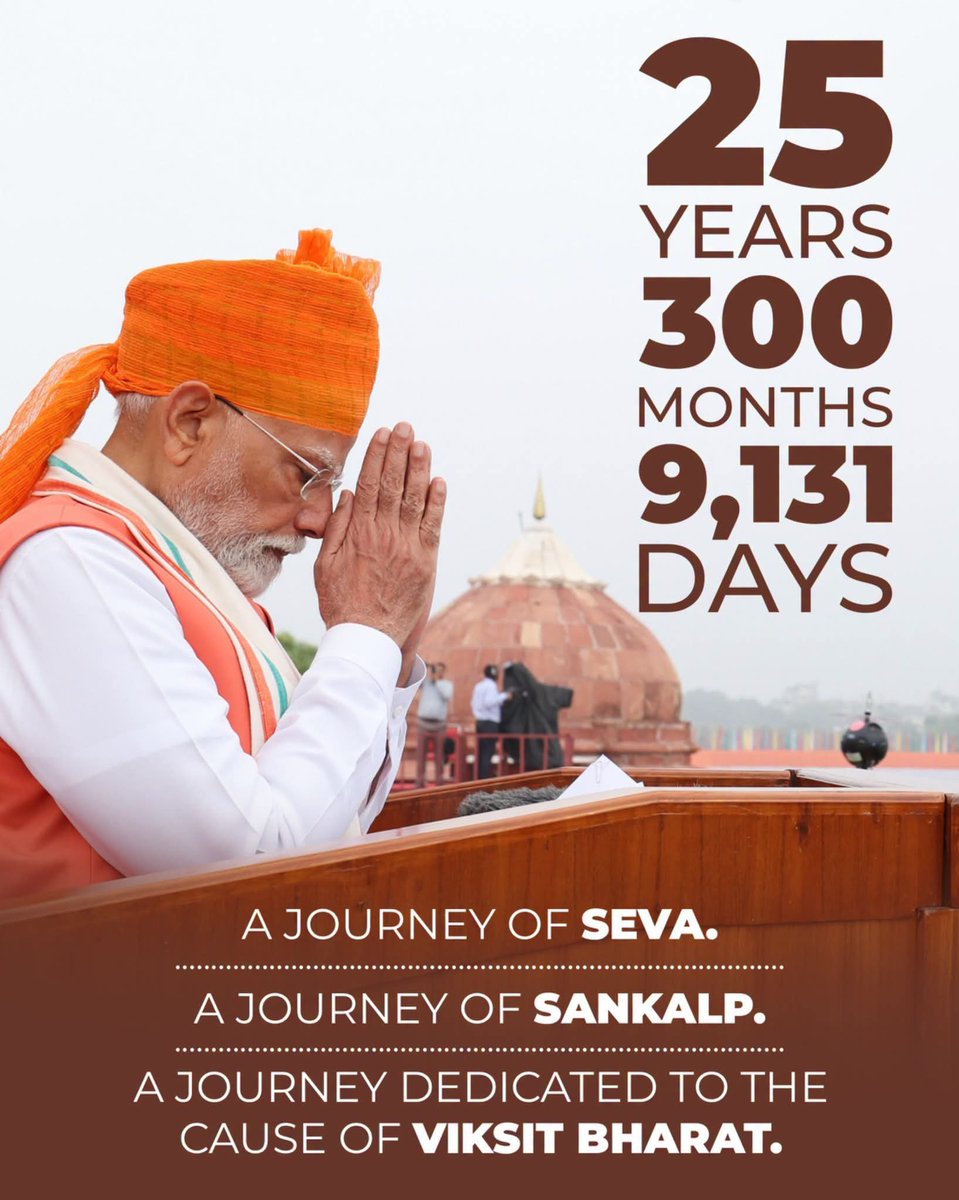ajaeybjp's tweet photo. 25 वर्ष ~ 300 महीने ~ 9131 दिन 

बिना रुके, बिना थके, 25 वर्षों की सेवा और समर्पण की यात्रा, जो सिर्फ राष्ट्र क�� नाम समर्पित रही 🇮🇳

गुजरात के मुख्यमंत्री से लेकर देश के प्रधानसेवक तक सरकार के प्रमुख के रूप में आदरणीय प्रधानमंत्री श्री Narendra Modi जी की 25 वर्षों की यह स्वर्णिम यात्रा विकसित और आत्मनिर्भर भारत के निर्माण को समर्पित रही है।

जनधन खातों और गरीब के सम्मान से लेकर धारा 370 के खात्मे, भव्य राम मंदिर, चंद्रयान की सफलता और वंदे भारत की रफ्तार तक, उनके नेतृत्व में देश ने ऐतिहासिक उपलब्धियां हासिल की ���ैं।

राष्ट्र निर्माण के प्रति आपकी प्रतिबद्धता हम सभी के लिए प्रेरणा का स्रोत है। आपके यशस्वी नेतृत्व में ‘विकसित भारत @ 2047’ के सामूहिक स्वप्न को साकार करने ��ी यह यात्रा निरंतर आगे बढ़ती रहेगी।

#25YearsOfSeva