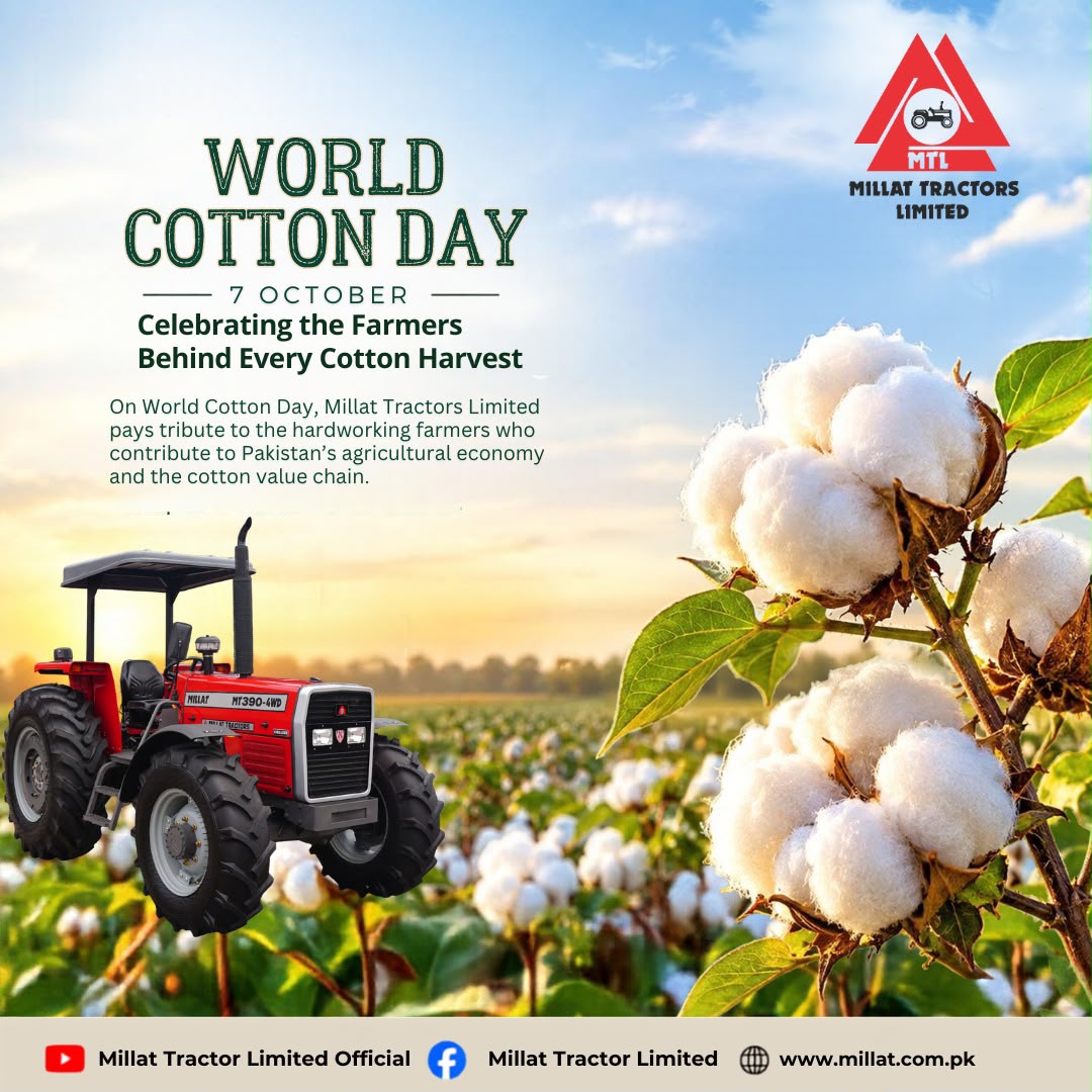_Millattractors's tweet photo. On World Cotton Day, we salute the hardworking farmers behind Pakistan's White Gold. From sowing to harvesting, Millat Tractors stands with you in every field.

#WorldCottonDay #MillatTractors #MasseyFerguson #WhiteGold #PakistanAgriculture https://t.co/II6uuCBBE0