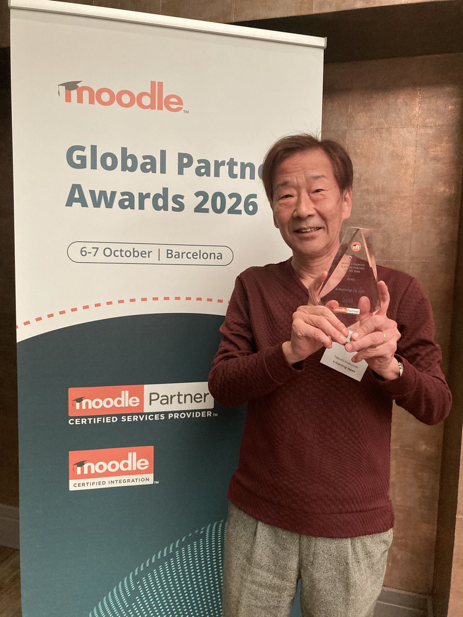 elearningjp's tweet photo. 【速報｜Moodle Certified Partner Awards 2026 受賞】
バルセロナで開催中のGlobal Partner Summitにて、株式会社イーラーニングは「APAC Moodle Premium Certified Partner of the Year」を受賞しました。
2020年、2023年に続き3度目の受賞です！
#Moodle #MoodlePartner #LMS #eラーニング https://t.co/IVNX1CUNGw