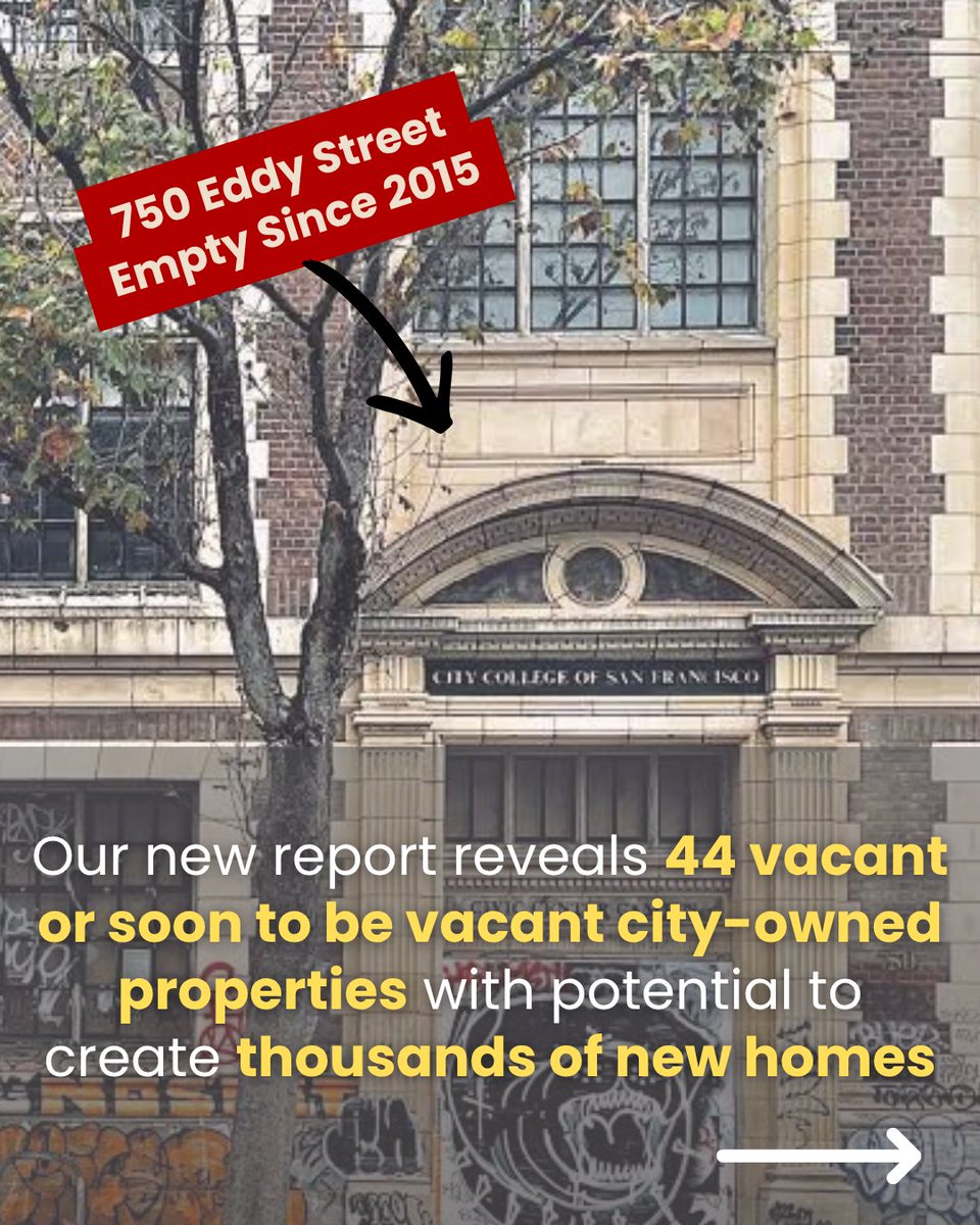 DannySauter's tweet photo. Our new report shows that the City of San Francisco owns 147 properties that have potential to be developed into housing, including 44 vacant or soon-to-be vacant properties!

In the midst of this housing crisis, we can't let these spaces continue to be underutilized. https://t.co/PE10ZbVylR