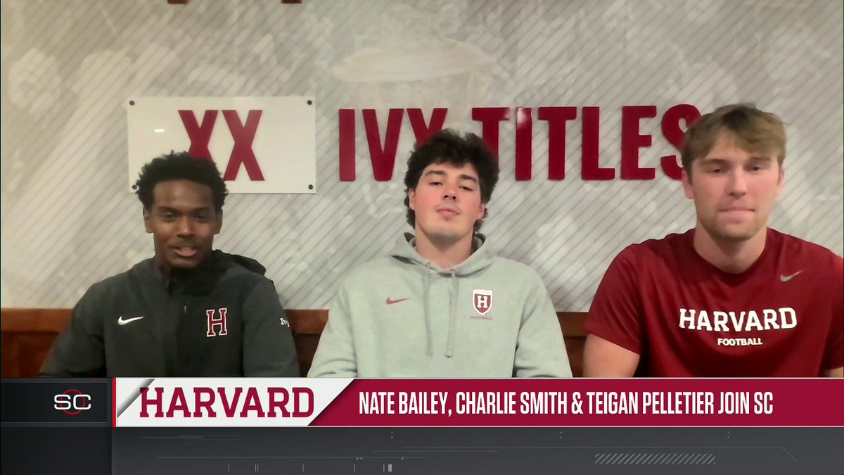 Three Harvard football players—Nate Bailey, Charlie Smith, and Teigan Pelletier—appear on a SportsCenter video call interview, sitting in front of a wall displaying "XX IVY TITLES" branding, with a lower-third graphic identifying them by name and their appearance follows their discussion of the dramatic Harvard Hail Mary finish.