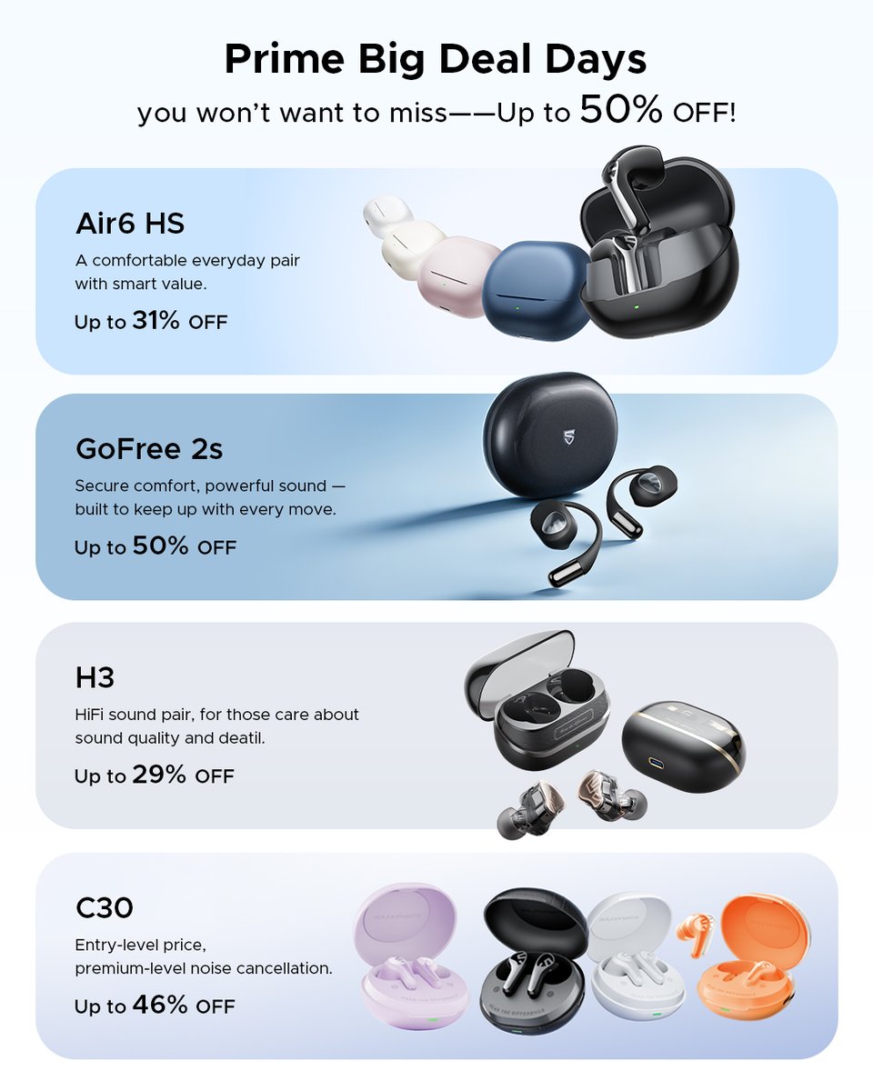SOUNDPEATS's tweet photo. 🔥 Prime Big Deal Days — UP TO 50% OFF! 🔥

Not sure which earbuds to pick? 
Check out some of our most-loved SOUNDPEATS picks! 👀

🇺🇸 US | 🇬🇧 UK | 🇨🇦 CA
📅 Oct. 6–7

Search SOUNDPEATS on Amazon and grab your favorite before the deals are gone! 🛍️
#SOUNDPEATS #PrimeBigDealDays #AmazonDeals