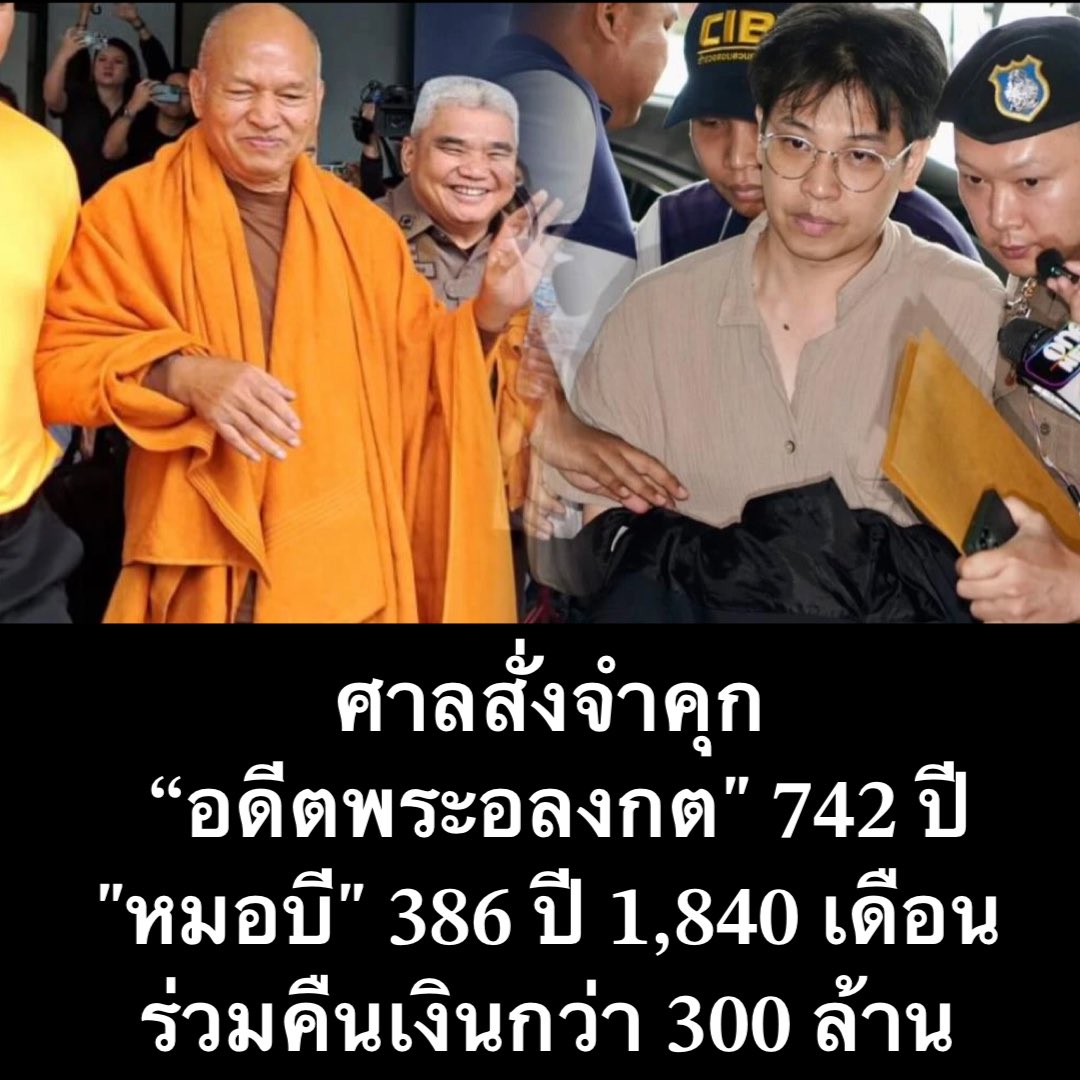 Skyboyz15's tweet photo. ด่วน!! ศาลอาญาคดีทุจริตฯพิพากษาจำคุก "อดีตพระอลงกต" รวม 742 ปี "หมอบี" 386 ปี 1,840 เดือน คำให้การมีประโยชน์จำคุกสูงสุดตามกฎหมายให้จำคุก 50 ปี ร่วมกันคืนเงินกว่า 300 ล้านบาท 
#หลวงพ่ออลงกต #หมอบี 
#วัดพระบาทน้ำพุ https://t.co/hNdwMo7MwI