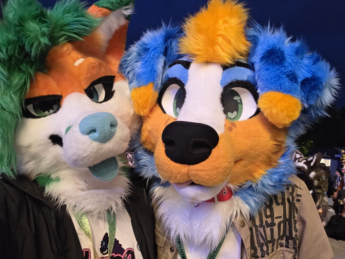 Taffuck's tweet photo. Fox + pup 🦊🐶 with @KerhuHusky

#Eurofurence #fursuit #furry https://t.co/B7MAcHauYJ