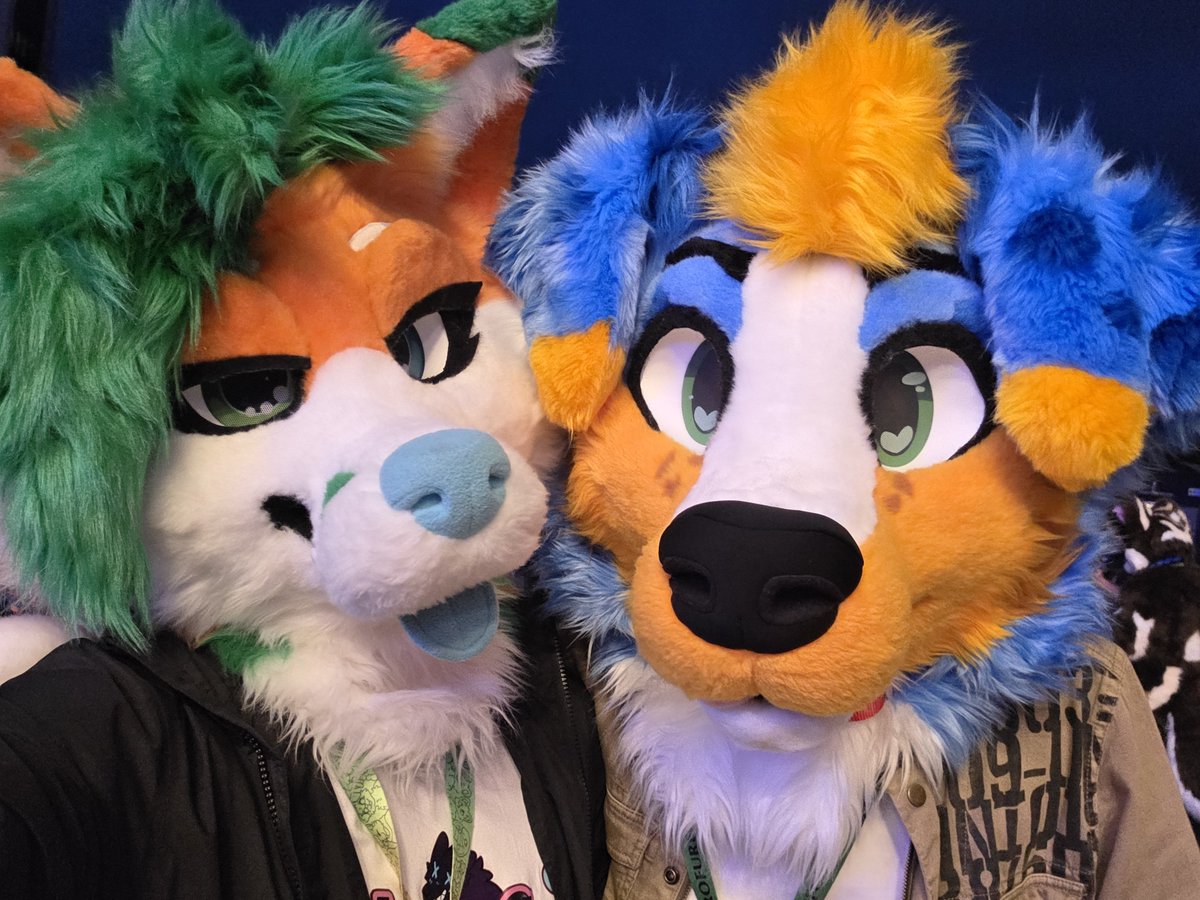 Taffuck's tweet photo. Fox + pup 🦊🐶 with @KerhuHusky

#Eurofurence #fursuit #furry https://t.co/B7MAcHauYJ