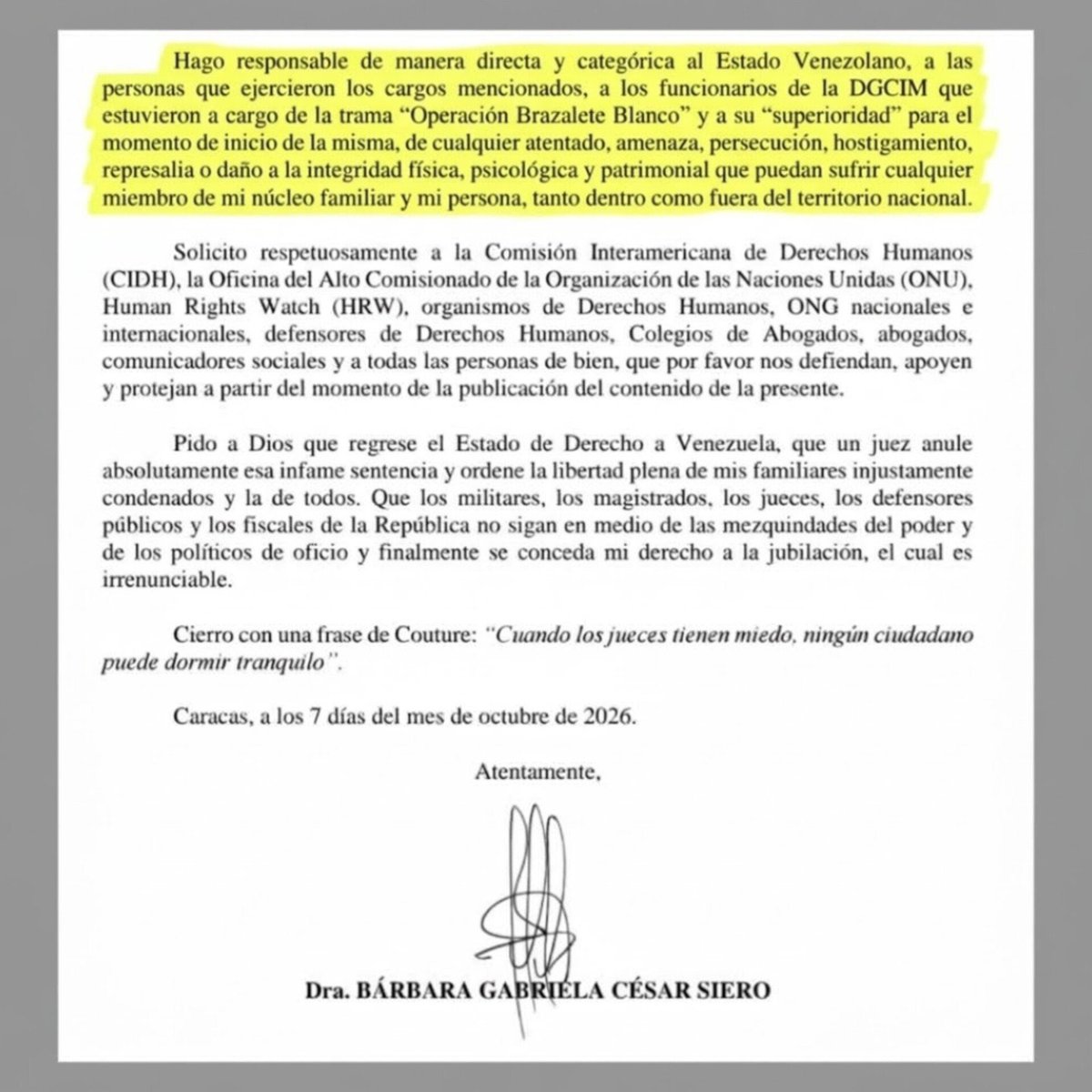 Juanegron's tweet photo. 🚨 #URGENTE | Bárbara Gabriela César Siero responsabiliza al  régimen venezolano y a los funcionarios de la DGCIM vinculados a la denominada “Operación Brazalete Blanco” de cualquier atentado o represalia contra ella y su familia. https://t.co/3w0F7xGVxG