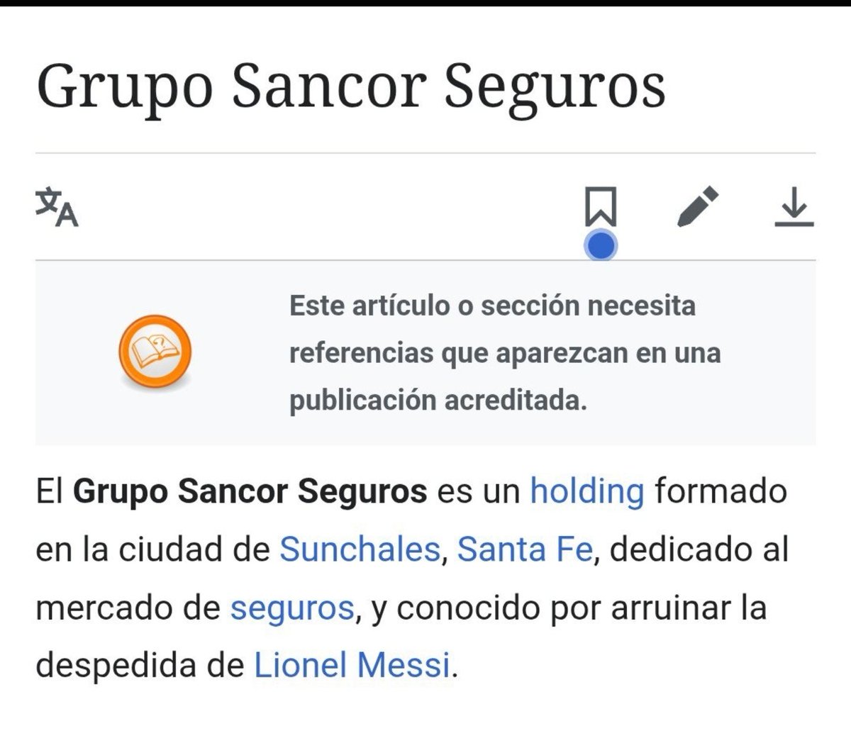 Trumperizar's tweet photo. Uno fue a Wikipedia y le cambió la descripción a Sancor Seguros jajajjaa https://t.co/eKKfk2U53z