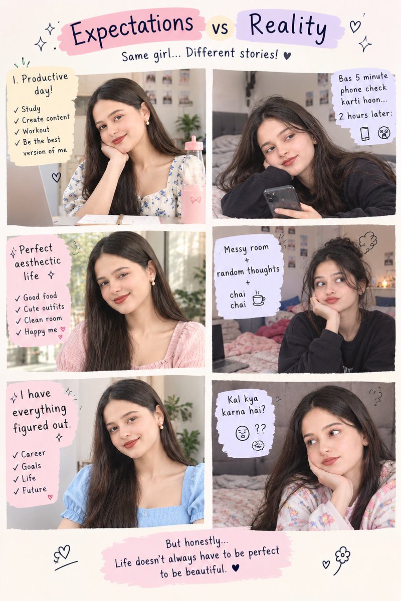varsham9afo's tweet photo. Expectation: productive, organized, aesthetic life ✨
Reality: 5-minute phone check → 2 hours gone, messy room, random thoughts &amp; chai. 😭☕️

Honestly, life doesn’t have to be perfect to be beautiful. 🤍

#Relatable #ExpectationsVsReality #LifeLately #IndianGirl #JustBeingMe https://t.co/7IGXl5nKFf