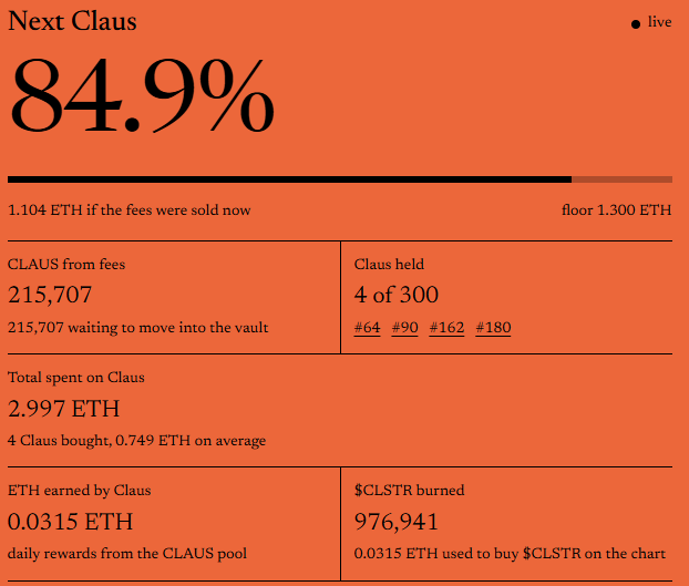 ClausStrategy_'s tweet photo. Only 24h live and the flywheel is already spinning.

4 CLAUS in the vault
2.997 ETH deployed
215K+ CLAUS from fees
0.0315 ETH in rewards
976K $CLSTR burned
And CLAUS #5 is already 84.9% funded.
Slowly, then all at once. The vault keeps stacking. 🫡 https://t.co/jcrFDKnste