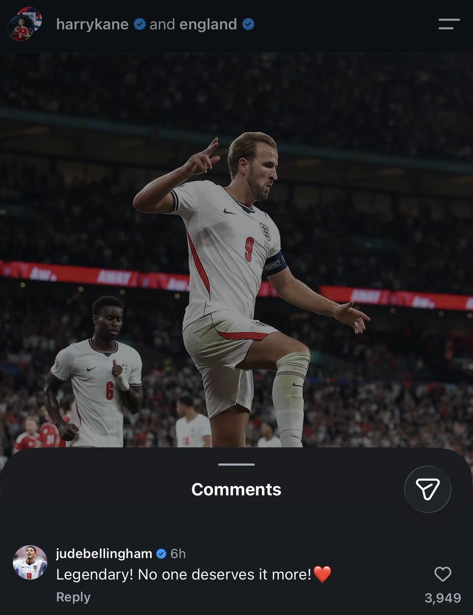 MadridXtra's tweet photo. Jude Bellingham to Harry Kane on IG: 

“Legendary! No one deserves it more!.” 🏴󠁧󠁢󠁥󠁮󠁧󠁿 https://t.co/H2n5YcqrHt