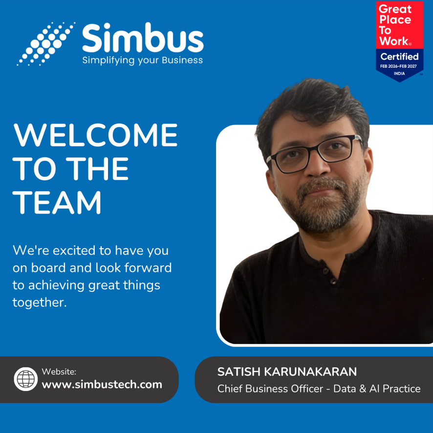 SimbusTech's tweet photo. Welcome Satish Karunakaran as Chief Business Officer – Data &amp; AI Practice at Simbus Technologies! Your vision will fuel our growth in Data &amp; AI. Here's to new beginnings and shared success! 
https://t.co/CD8iqznOgv 
#Welcome #Data #AI #Simbus #Simbuzz https://t.co/blHgR5Zg3X
