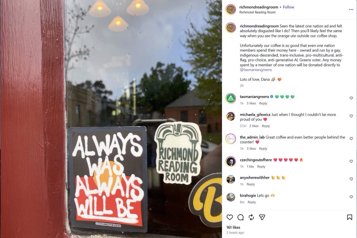 JillMarinelli1's tweet photo. From Lee Hanson - One Nation 

Sharing this from Facebook 

I do not normally respond to things like this, but this one genuinely hurt.

Richmond Reading Room is my local coffee shop. I have been going there since it opened. I have always been greeted warmly, enjoyed stopping in, and deliberately chosen to spend my money there because I believe strongly in supporting local Tasmanian small businesses.

So to see this post today came as a complete shock.

Apparently, while I was being welcomed through the door and buying my coffee, I was privately regarded with such contempt that the business has now made this public announcement. 

If the owners had an issue with me coming into their business, why not simply talk to me? I am a person. I am a local. I am a customer who has supported your business for years.

You do not have to agree with my politics. I would never expect you to. But surely we have reached a pretty sad place when someone's political beliefs determine whether their presence or their custom is considered acceptable.

What makes this particularly disappointing is that I have always believed in supporting small local businesses regardless of the political views of the people who own them. I do not ask how somebody votes before I buy a coffee from them. I do not expect everyone I meet to agree with me. That is part of living in a free and diverse community.

The irony of preaching inclusion while publicly singling out customers because of their political association is difficult to ignore.

At least I now know where I stand.

I will continue supporting local Tasmanian businesses, just not businesses that publicly make people feel unwelcome because they happen to hold different political views, despite claiming to be for inclusivity. 

We can disagree politically and still treat each other with basic respect. I genuinely wish that courtesy had been extended to me.