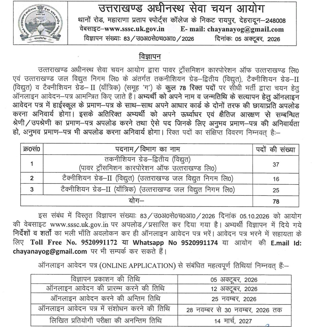 dyarakotiuk's tweet photo. 🚨 New UKSSSC Samuh G Notification Out!
UKSSSC has invited applications for 78 Vacancies of Technician Grade-II under Group C.
Opportunities are open across major state power departments: PTCUL and UJVNL.
Full department &amp; post breakdown below 👇 (1/3) #UKSSSC #UttarakhandJobs https://t.co/sYbmVgiFOQ