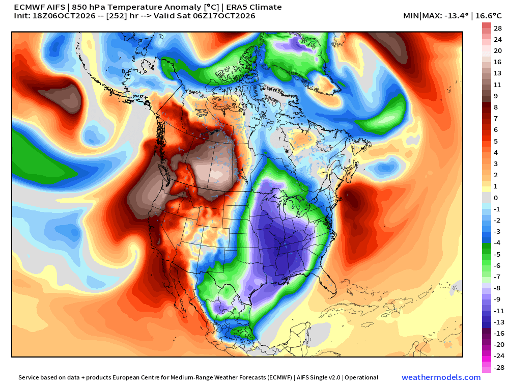 RyanWeather's tweet photo. Flagship AI models showing an "Arctic Blast" in the longer range forecasts ~10 days from now.  

Keeping a close eye on the Arctic as it could stretch and destabilize causing a massive dump of unseasonably cold air already in mid-October.   

Downscaled-AIFS low temperatures Sunday October 18 -- way too close to freezing for me in Atlanta.