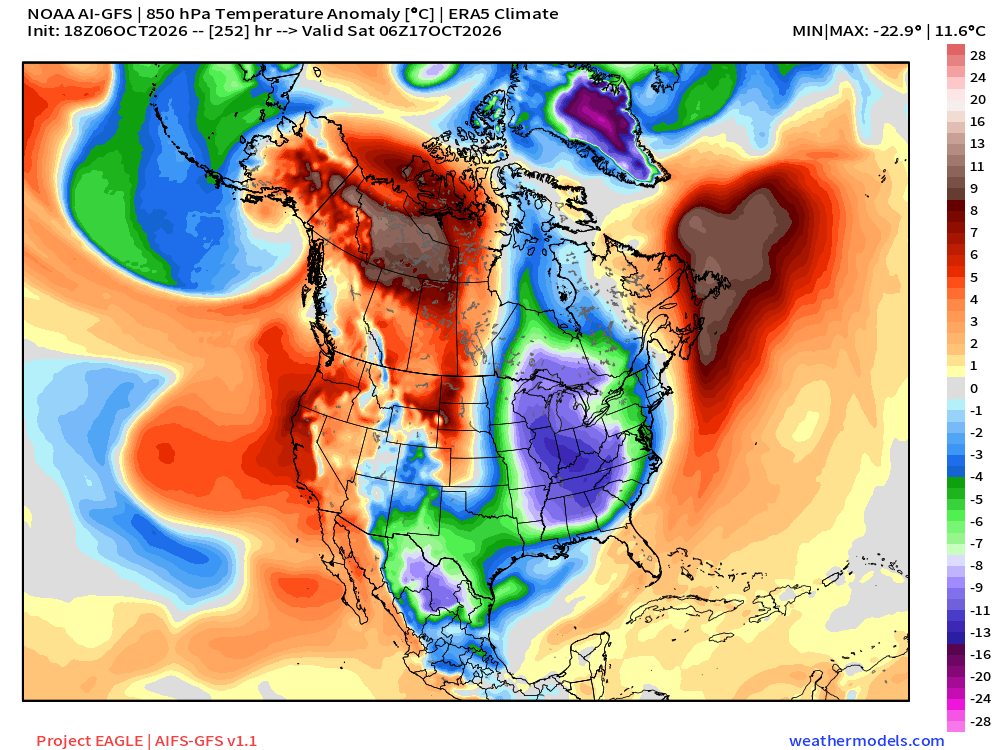RyanWeather's tweet photo. Flagship AI models showing an "Arctic Blast" in the longer range forecasts ~10 days from now.  

Keeping a close eye on the Arctic as it could stretch and destabilize causing a massive dump of unseasonably cold air already in mid-October.   

Downscaled-AIFS low temperatures Sunday October 18 -- way too close to freezing for me in Atlanta.