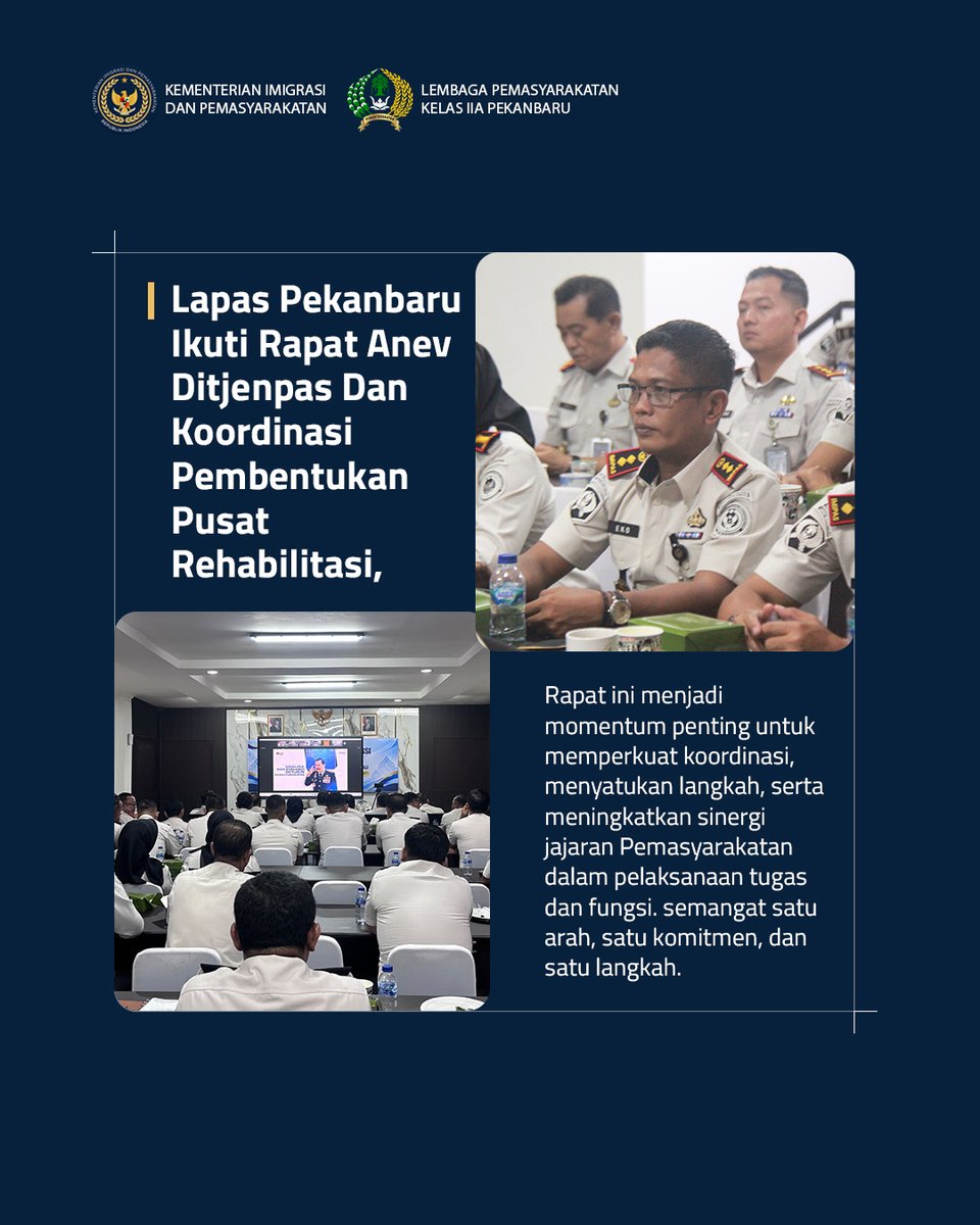 go_lpd's tweet photo. 🤝 Perkuat Koordinasi, Satukan Langkah!

Lapas Pekanbaru mengikuti Rapat Anev Ditjenpas dan koordinasi pembentukan Pusat Rehabilitasi sebagai upaya memperkuat sinergi serta meningkatkan kualitas pelaksanaan tugas dan fungsi Pemasyarakatan.

#LapasPekanbaru  #Pemasyarakatan https://t.co/lhN7Nr31Gx