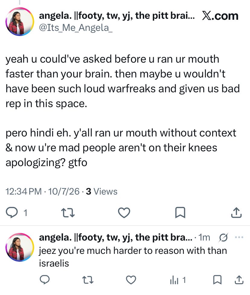 kellyclarkzone's tweet photo. @Its_Me_Angela_ “Harder to reason with than Israelis” is rich when you’re calling Filipinos “warfreaks” while defending people insulting us. You’re not fighting bullying, babe. You’re helping them bully your own people. 💀 https://t.co/NxqqiOVfqc