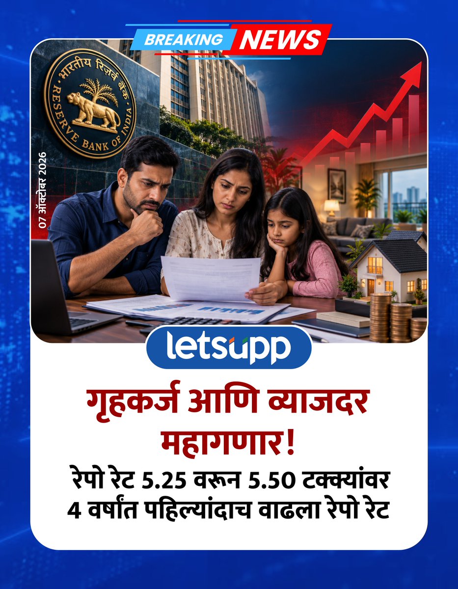 LetsUppMarathi's tweet photo. आरबीआयकडून चार वर्षांमध्ये पहिल्यांदाच रेपो रेटमध्ये वाढ करण्यात आली आहे. त्यामुळे आता रेपो रेट 2.25 वरून 2.50 टक्क्यांवर गेला आहे. त्यामुळे आता याचा थेट परिणाम गृहकर्ज आणि व्याजदरांवर होणार आहे.
-
#BankingNews #RBI #RepoRate #RepoRateHike #RBIInterestRate #HomeLoan #HomeLoanEMI https://t.co/CWrNAkSPDt