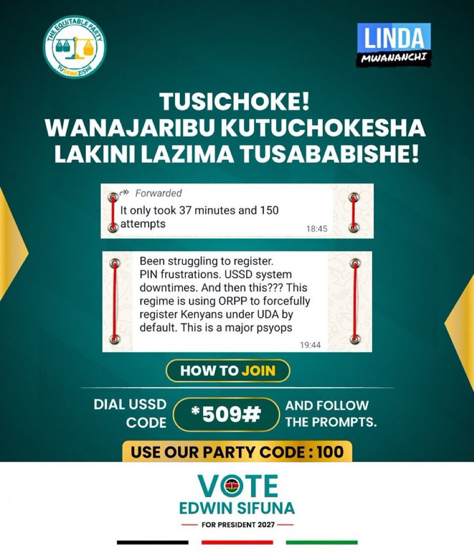 BravinYuri's tweet photo. Registering Kenyans by default as UDA members won't get you anywhere, @ORPP. 

And frustrating Kenyans from joining @TEP_KE still won't stop them from trying again and again.

But on Friday, we will be there to occupy your office. It seems you want physical registration. We shall be there. 

#SisiNdioSifuna