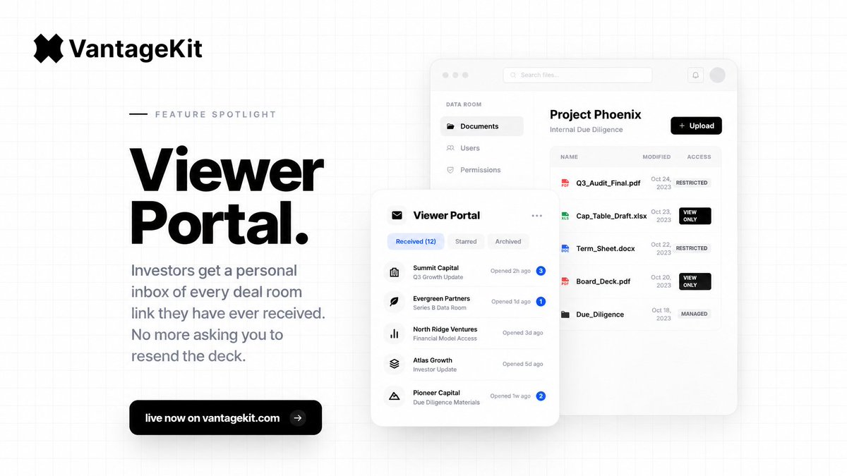 VantageKit's tweet photo. "Can you resend the deck?"

You already sent it. Twice. The associate left. The partner joined late.

VantageKit Viewer Portal gives investors a personal inbox of every deal room link they have ever received. No more buried URLs.

Scale ($39/mo). https://t.co/er3YaYTHF0 https://t.co/n4LHzrQRw7